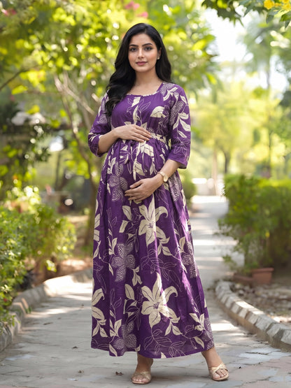 Lily flower Purple - Maternity Kurti with Feeding Zips - Cotton Flex - Thicker Fabric