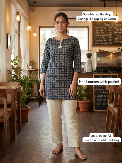 Blue Grey Patola - Cord Set with White Pant - Pure Cotton