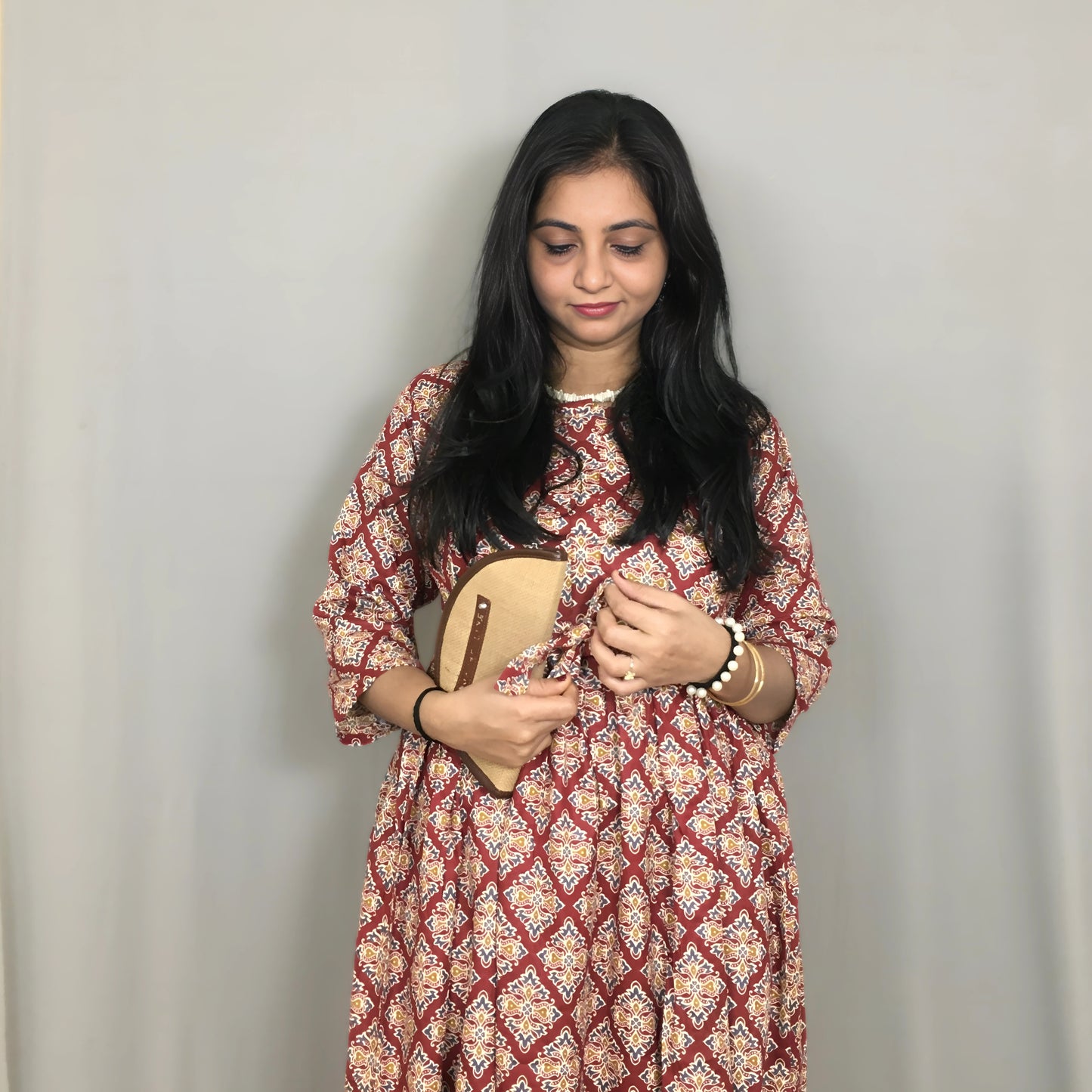 Dessert Flower - Red - Maternity Kurti with Feeding Zips - Cotton Flex - Thicker Fabric