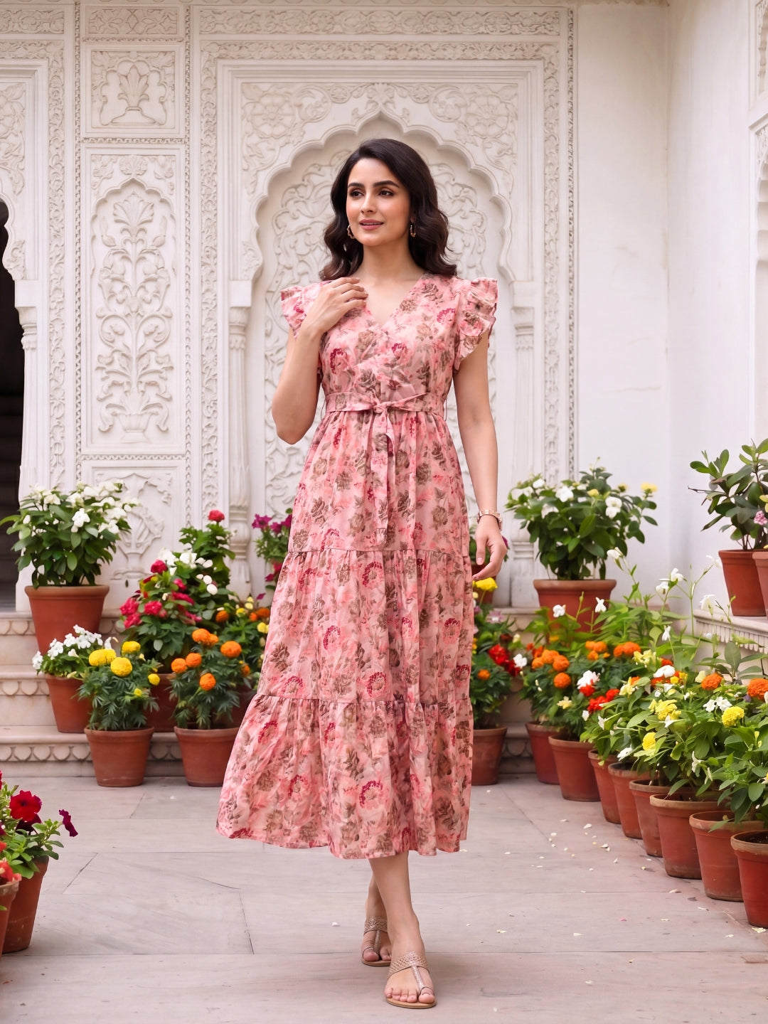 Pink Grey Flower - Sleevless Midi Dress - Soft Rayon