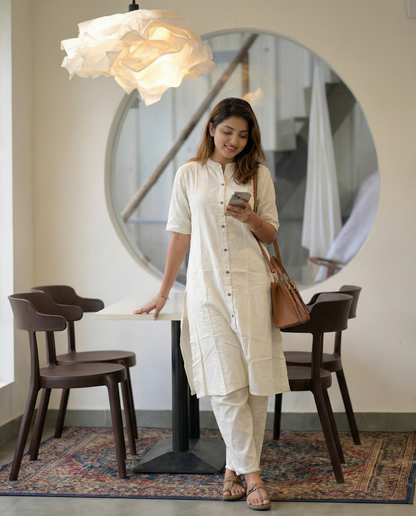 Knee Length - Katha Off White - Cord Set - Pure Cotton