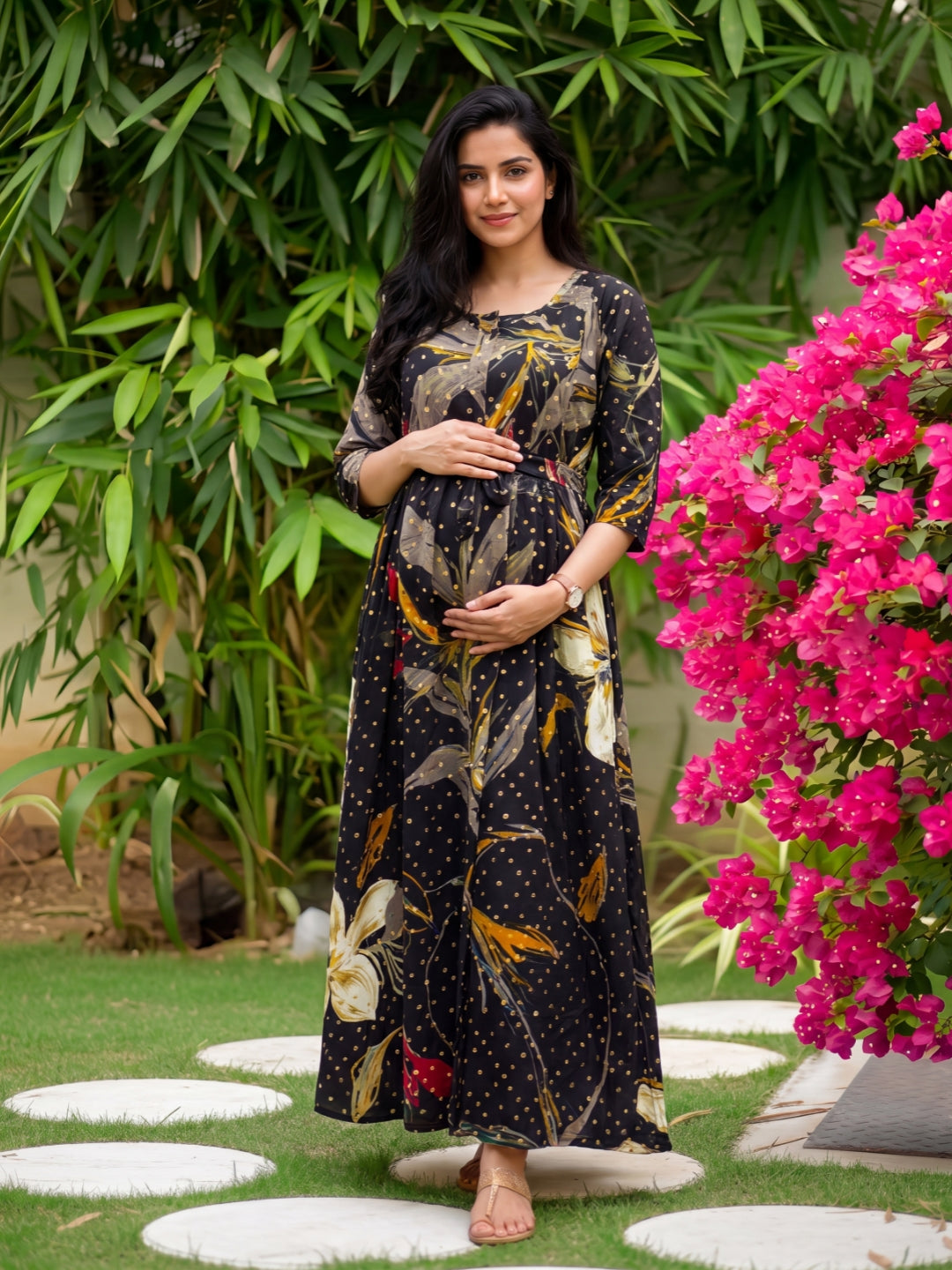 Nerium Flower - Black - Maternity Kurti with Feeding Zips - Soft Rayon