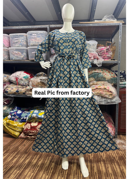Sunflower  - Blue - Maternity Kurti with Feeding Zips - Cotton Flex - Thicker Fabric