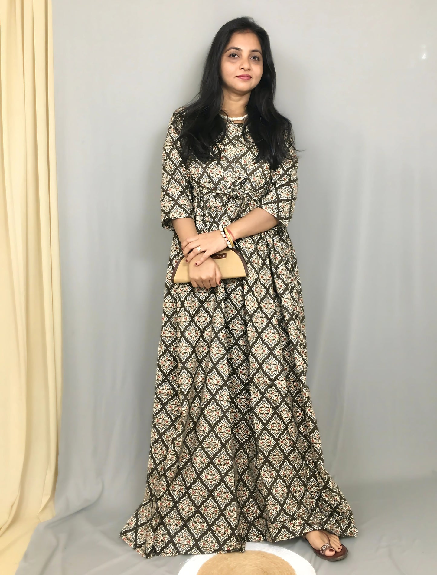 Brown Dessert Flower - Maternity Kurti with Feeding Zips - Cotton Flex - Thicker Fabric