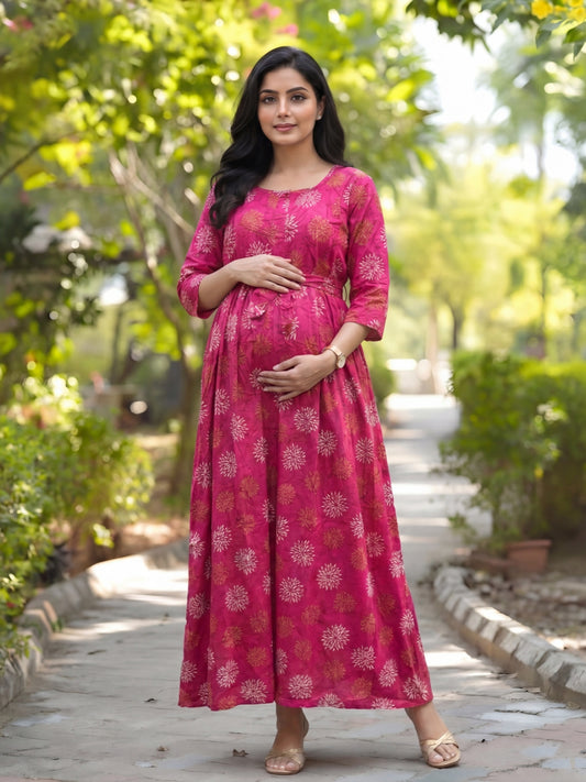 Marigold Rayon - Pink White - Maternity Kurti with Feeding Zips - Soft Rayon