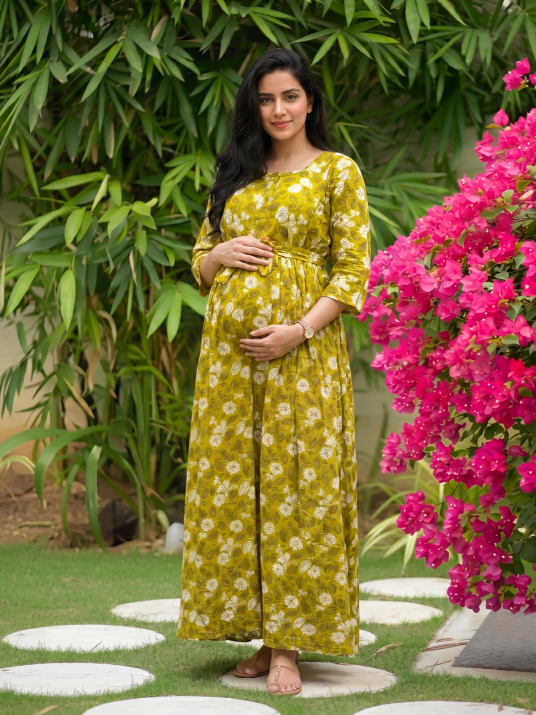 White Flower - Mustard - Maternity Kurti with Feeding Zips - Soft Rayon