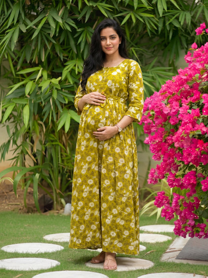 White Flower - Mustard - Maternity Kurti with Feeding Zips - Soft Rayon