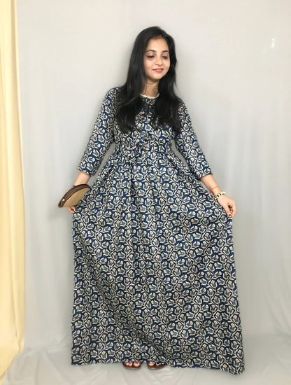 Tulip Flower - Blue - Maternity Kurti with Feeding Zips - Cotton Flex - Thicker Fabric