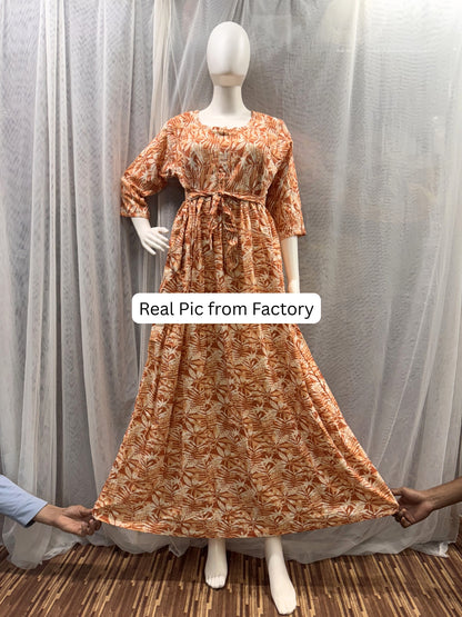 Tropical Orange White Flower - Maternity Kurti with Feeding Zips - Soft Rayon