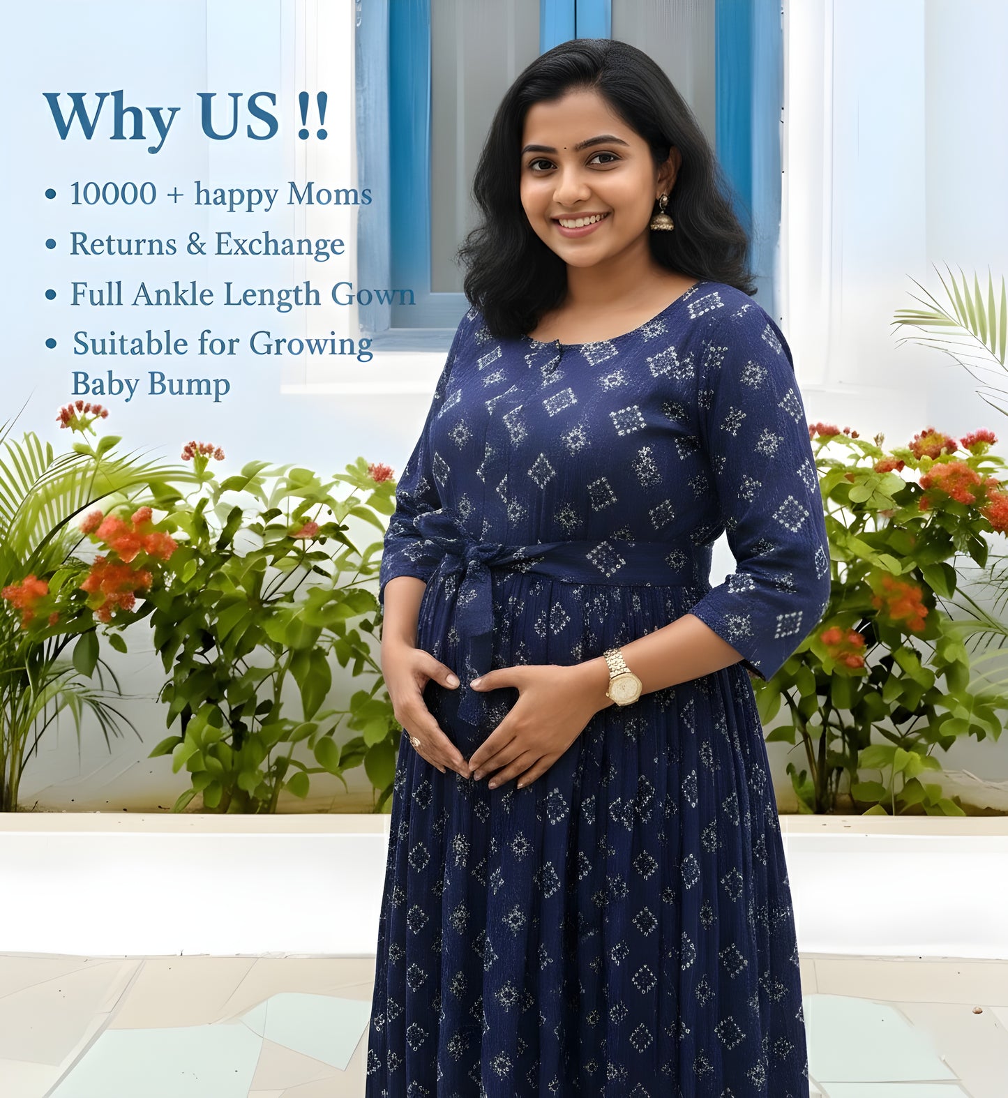 Blue Square Bandhani Print - Maternity Kurti with Feeding Zips - Cambric Flex - Thicker Fabric