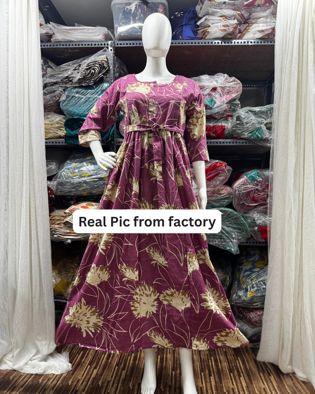 Pink Cream Flower - Maternity Kurti with Feeding Zips - Cotton Flex - Thicker Fabric