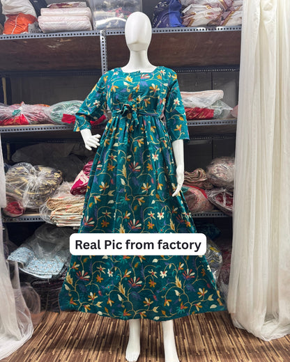 Sea Green Daisy - Maternity Kurti with Feeding Zips - Cotton Flex - Thicker Fabric