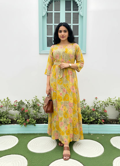 Yellow Pink Rose - Maternity Kurti with Feeding Zips - Soft Rayon