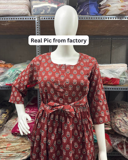 Ajrakh Sunflower - Maroon - Maternity Kurti with Feeding Zips - Cotton Flex - Thicker Fabric