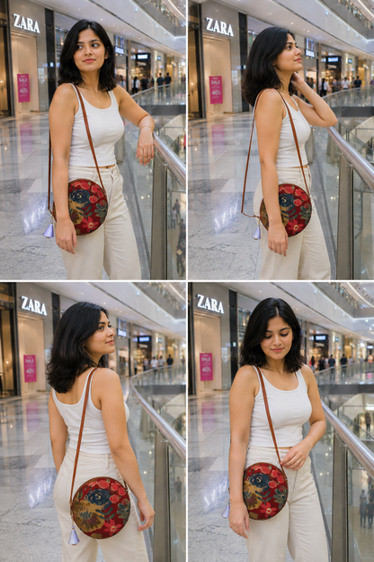 Maroon Grey Flower - Cute Round Sling bag