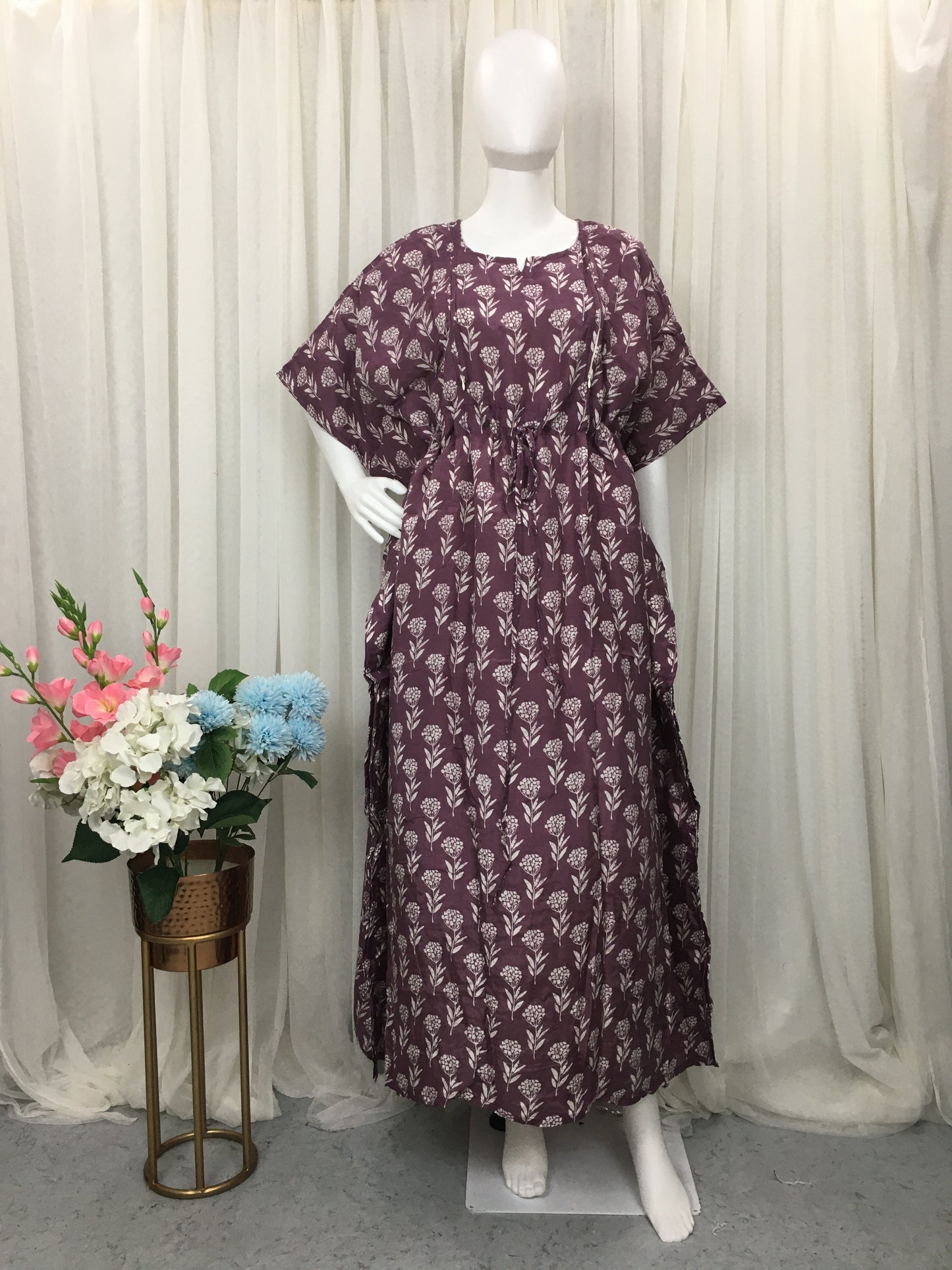 AL - 27- Purple - Lovely Flower Print- Trendy Maternity Kaftan with inner lining - Free Size