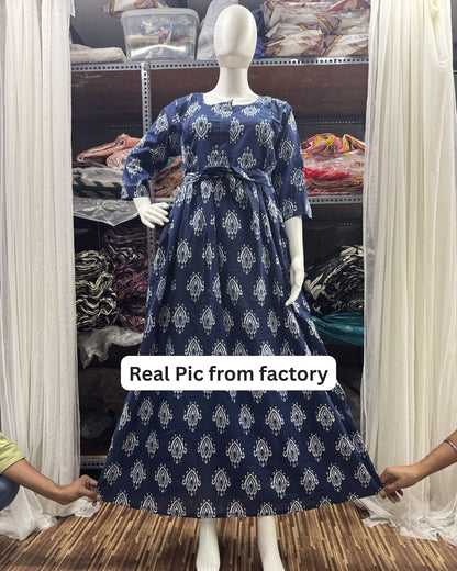 Blue White Flower - Maternity Kurti with Feeding Zips - Cambric Cotton