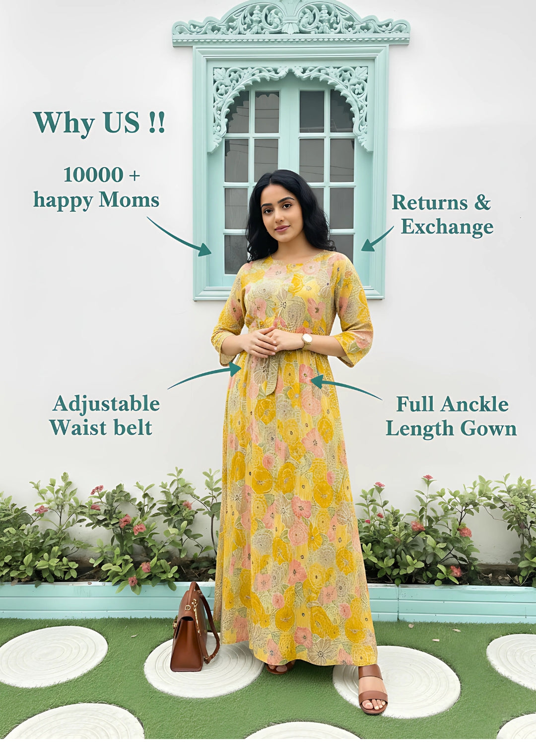 Yellow Pink Rose - Maternity Kurti with Feeding Zips - Soft Rayon
