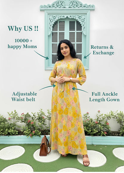 Yellow Pink Rose - Maternity Kurti with Feeding Zips - Soft Rayon
