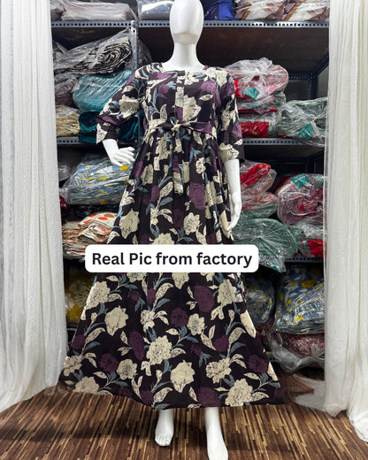 Dark Purple - Mix Flower - Maternity Kurti with Feeding Zips - Cotton Flex - Thicker Fabric