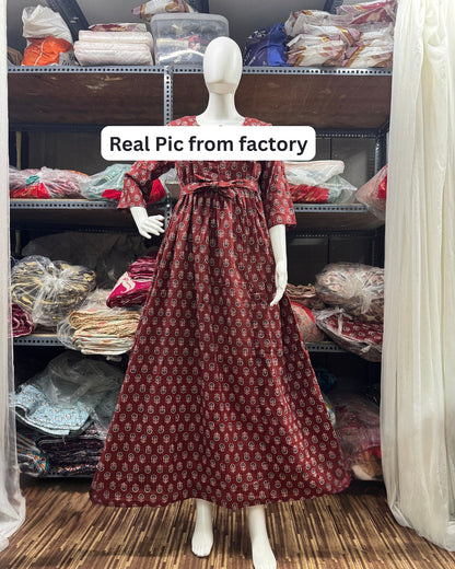 Ajrakh Sunflower - Maroon - Maternity Kurti with Feeding Zips - Cotton Flex - Thicker Fabric