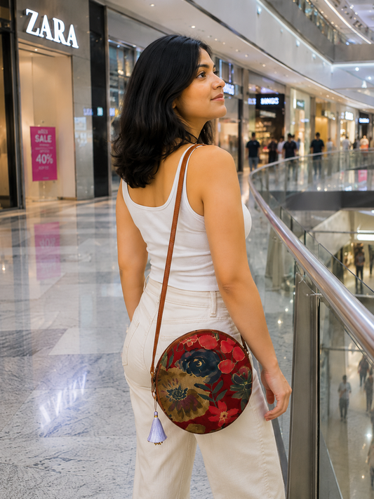 Maroon Grey Flower - Cute Round Sling bag