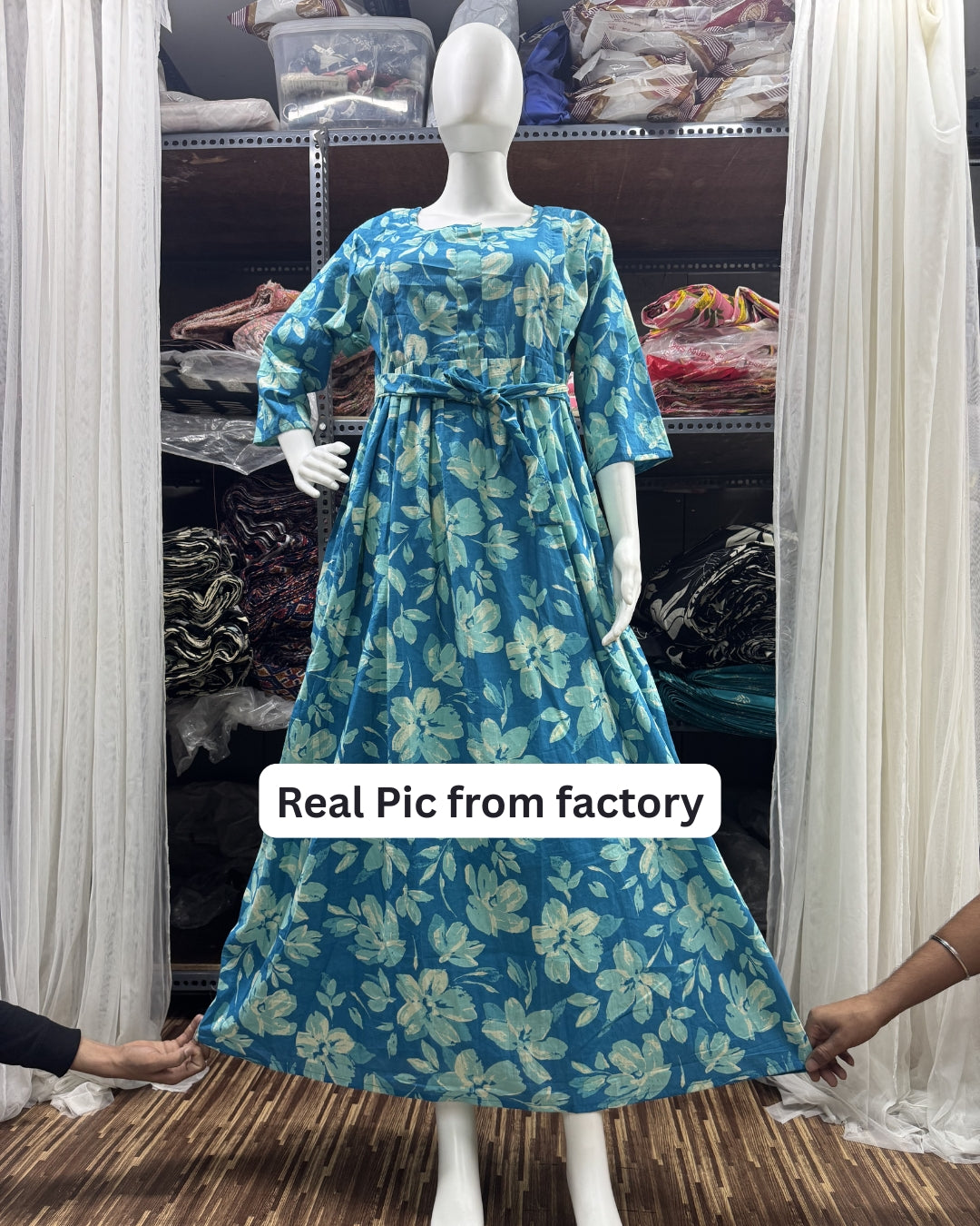 Jasmine White Flower - Firozi - Maternity Kurti with Feeding Zips - Cambric Cotton