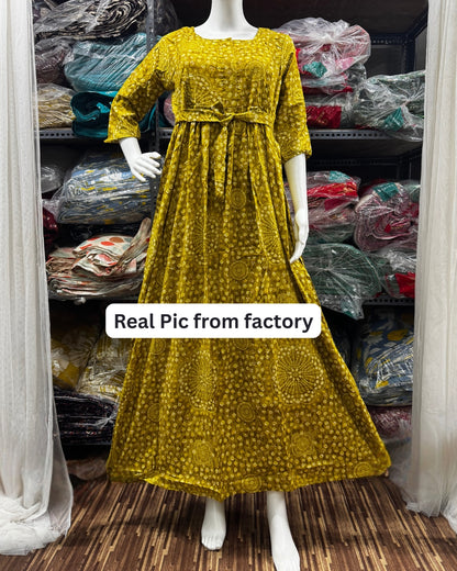 Dessert Yellow Flower Bandhani - Maternity Kurti with Feeding Zips - Soft Rayon