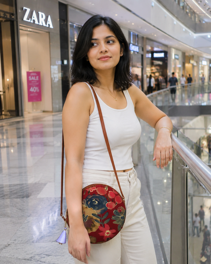 Maroon Grey Flower - Cute Round Sling bag