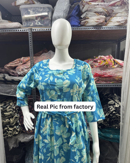 Jasmine White Flower - Firozi - Maternity Kurti with Feeding Zips - Cambric Cotton