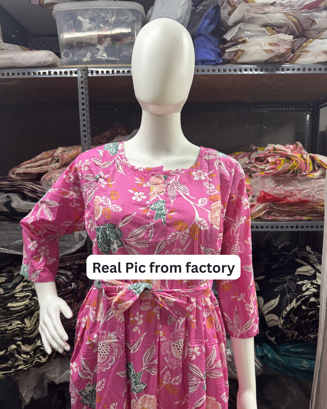 Pink Green Flower - Maternity Kurti with Feeding Zips - Cambric Cotton