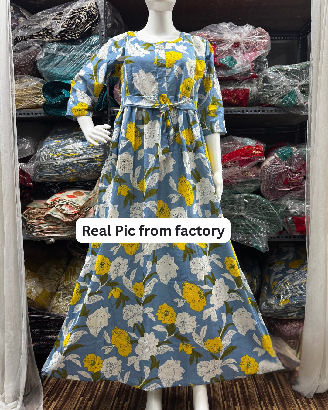 Mix Flower Sky Blue - Maternity Kurti with Feeding Zips - Cotton Flex - Thicker Fabric