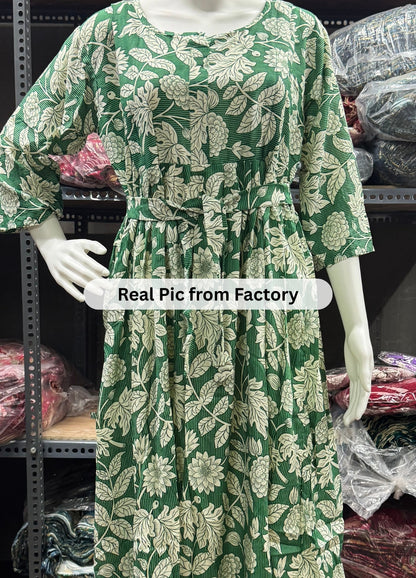 Leafy Stripes - Green - Maternity Kurti with Feeding Zips - Soft Rayon
