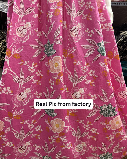 Pink Green Flower - Maternity Kurti with Feeding Zips - Cambric Cotton