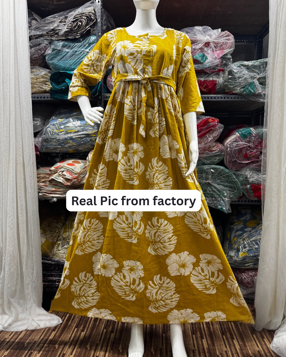 Swiss Cheese Leaf Yellow - Maternity Kurti with Feeding Zips - Cotton Flex - Thicker Fabric
