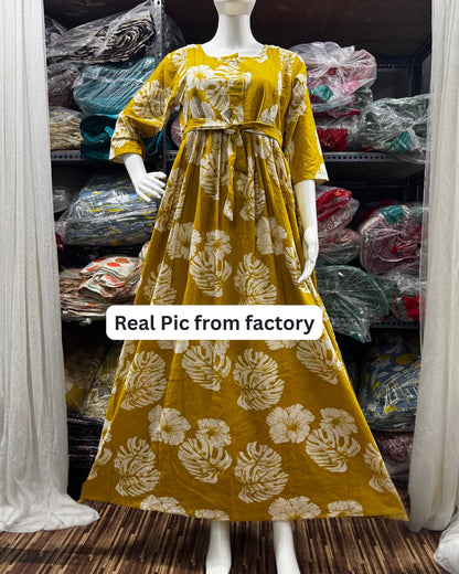 Swiss Cheese Leaf Yellow - Maternity Kurti with Feeding Zips - Cotton Flex - Thicker Fabric