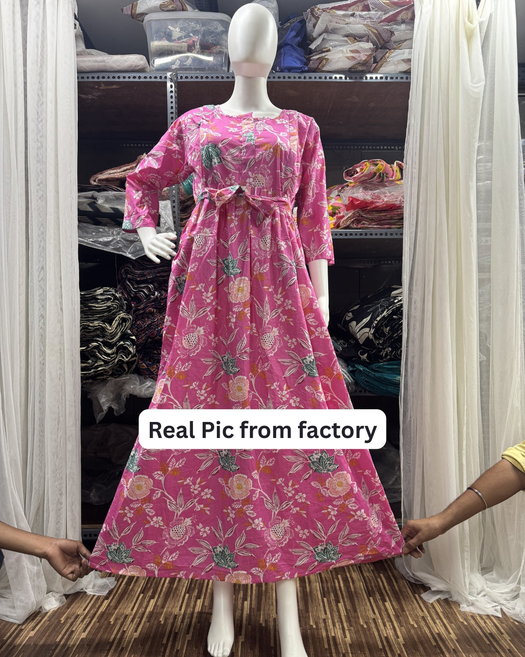 Pink Green Flower - Maternity Kurti with Feeding Zips - Cambric Cotton