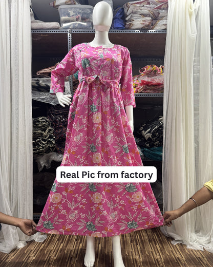 Pink Green Flower - Maternity Kurti with Feeding Zips - Cambric Cotton