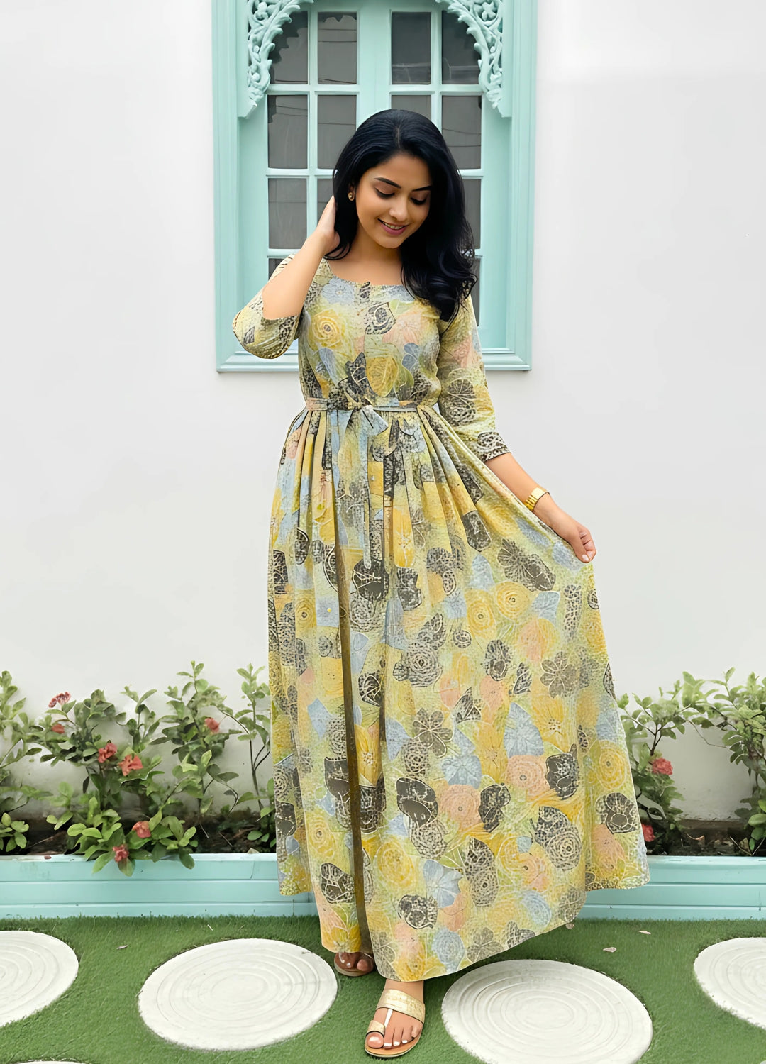 Sea Green Pink Rose - Maternity Kurti with Feeding Zips - Soft Rayon