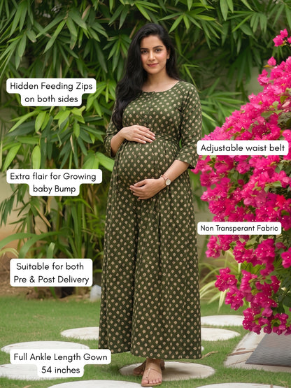 Amrapali Green - Maternity Dress with Feeding Zips - Soft Rayon