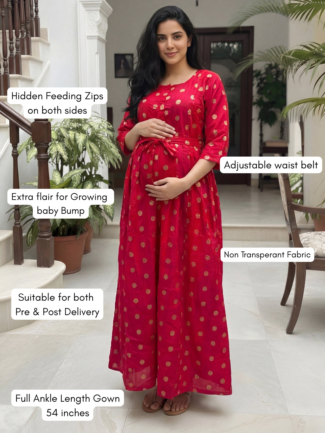 Gold Flower - Pink Red  - Maternity Kurti with Feeding Zips - Soft Rayon