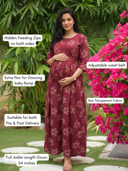 Meher Maroon - Maternity Dress with Feeding Zips - Soft Rayon