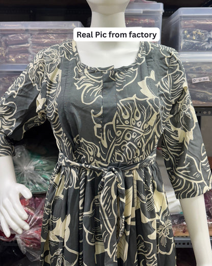 Grey White Big Flower - Maternity Kurti with Feeding Zips - Soft Rayon