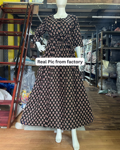 Ajrakh Sunflower Black - Maternity Kurti with Feeding Zips - Cotton Flex - Thicker Fabric