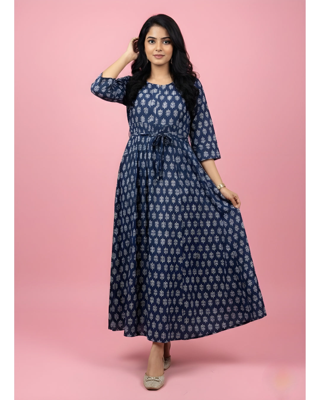 Blue Flower - Maternity Kurti with Feeding Zips - Cambric Cotton