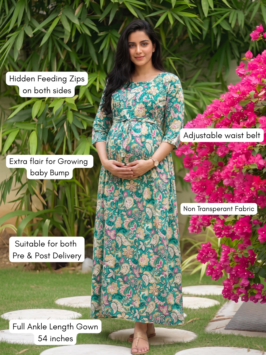 Sea Green Garden - Maternity Dress with Feeding Zips - Soft Rayon