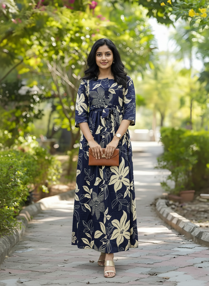 Lily flower Blue - Maternity Kurti with Feeding Zips - Cotton Flex - Thicker Fabric