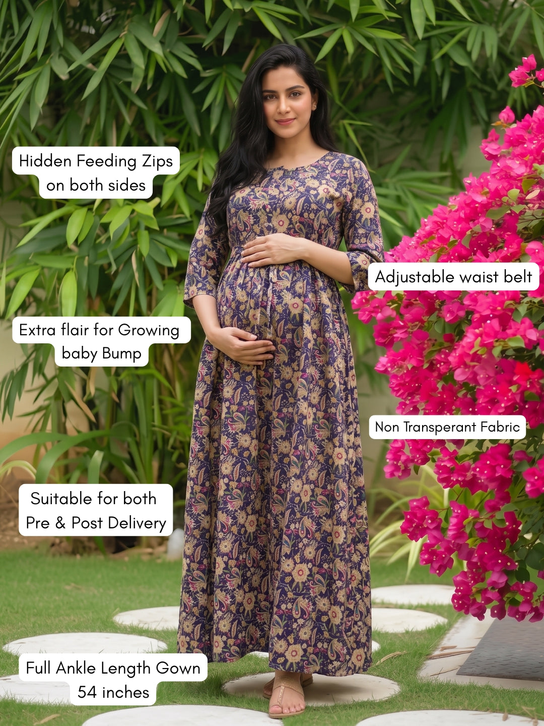 Gulmohar - Blue - Maternity Dress with Feeding Zips - Pure Cotton