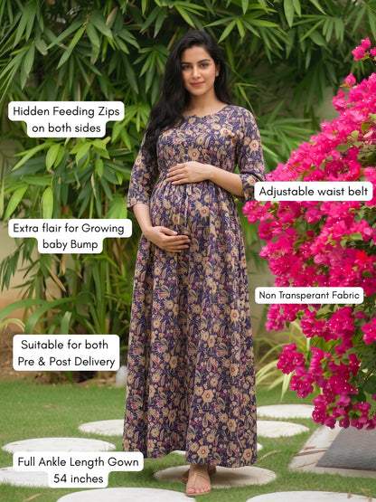 Gulmohar - Blue - Maternity Dress with Feeding Zips - Pure Cotton