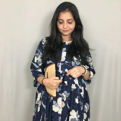 Flower & Leafs - Navy Blue - Maternity Kurti with Feeding Zips - Cotton Flex - Thicker Fabric